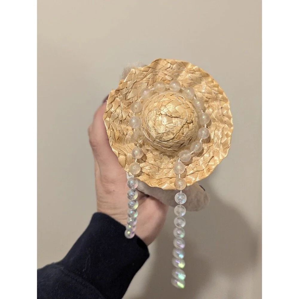 Vintage Plush Jointed Country Bear Straw Hat Lace Pearls 9